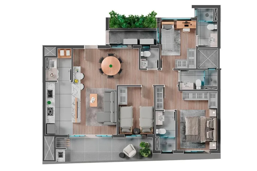 Unidade Tipo - 3 Quartos - 96,47m²