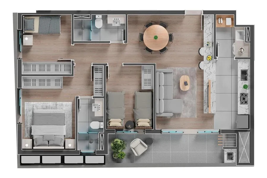 Unidade Tipo - 3 Quartos - 88,90m²