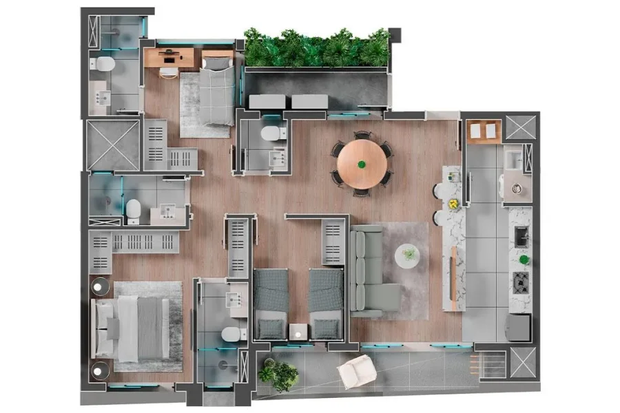 Unidade Tipo - 3 Quartos - 93,24m²