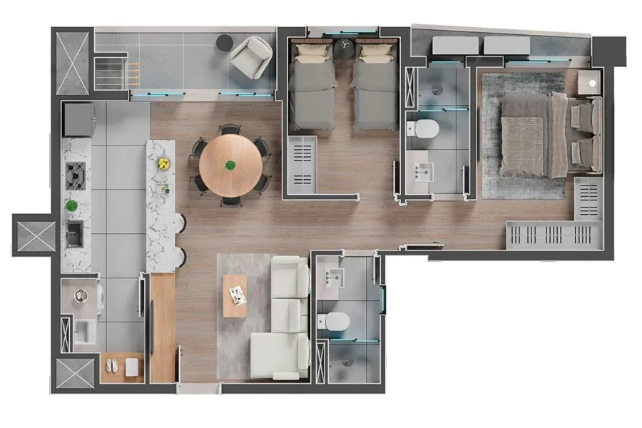 Unidade Tipo - 2 Quartos - 70,24m²