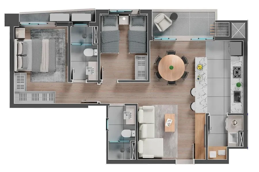 Unidade Tipo - 2 Quartos - 69,35m²