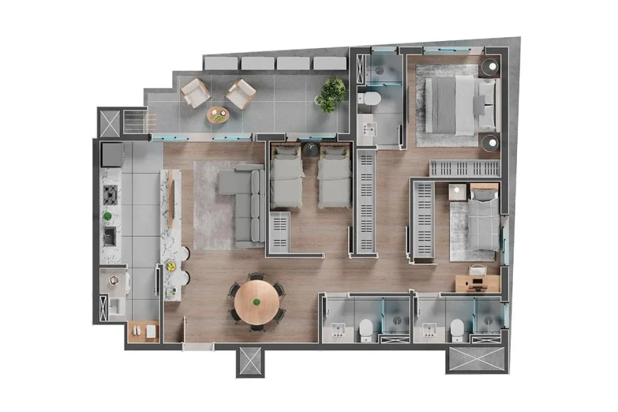 Unidade Tipo - 3 Quartos - 96,20m²