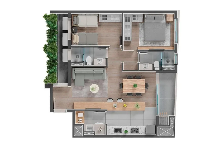 Unidade Tipo - 2 Quartos - 75,57m²