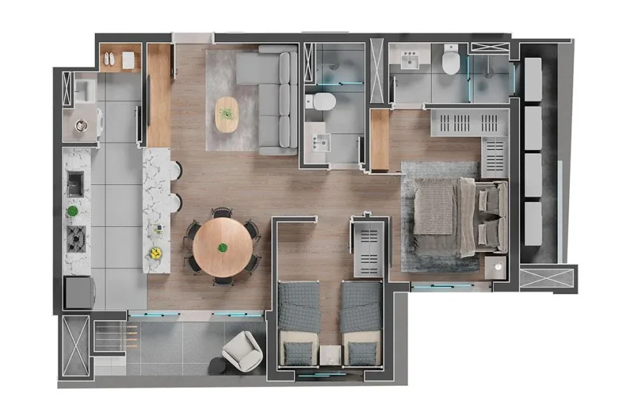 Unidade Tipo - 2 Quartos - 68,42m²