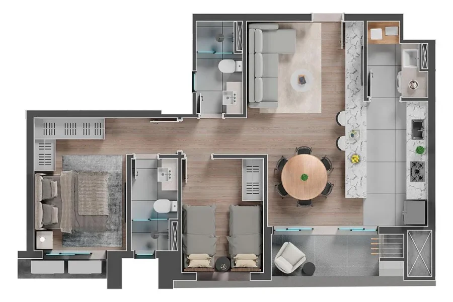 Unidade Tipo - 2 Quartos - 69,80m²